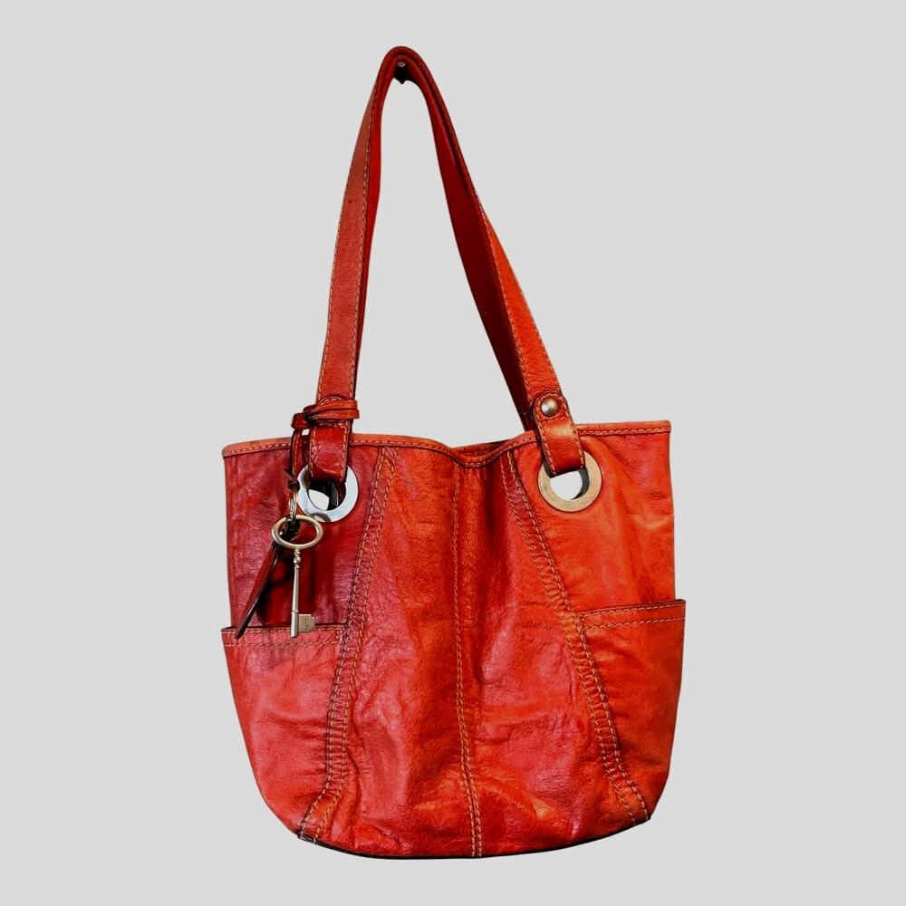 Vintage Fossil Red Distressed Leather Double Handle Hob Bag Key Bag Charm Lined